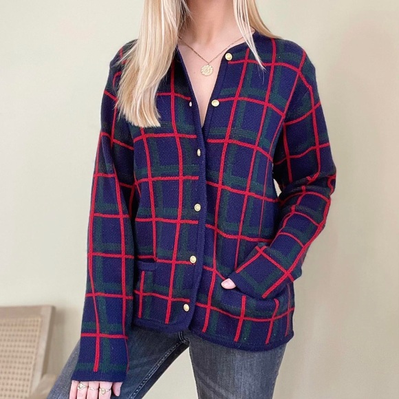 Vintage Sweaters - Vintage Plaid Gold Button Cardigan Sweater in Navy/Red/Green